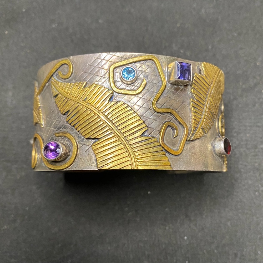 VINTAGE SARA BLAINE CUFF STERLING SILVER, BRASS AND GEMS